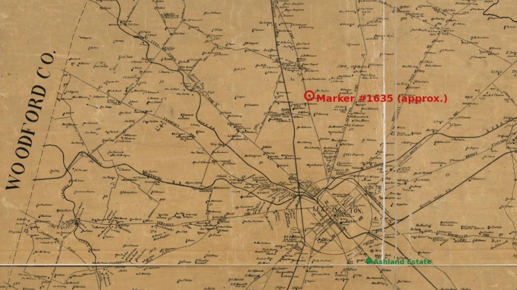 1891 Fayette County map overlay showing the location of Man o' War's birthplace near Nursery Stud