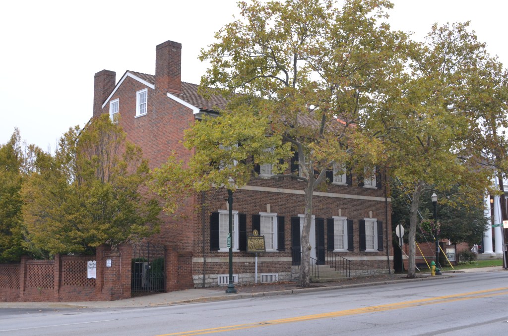 Exterior view of the Mary Todd Lincoln House and marker along West Main Street