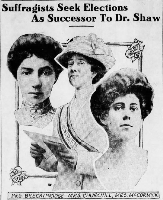 1915 newspaper photo of suffragists campaigning, 'Suffragists Seek Elections as Successor to Dr. Shaw'