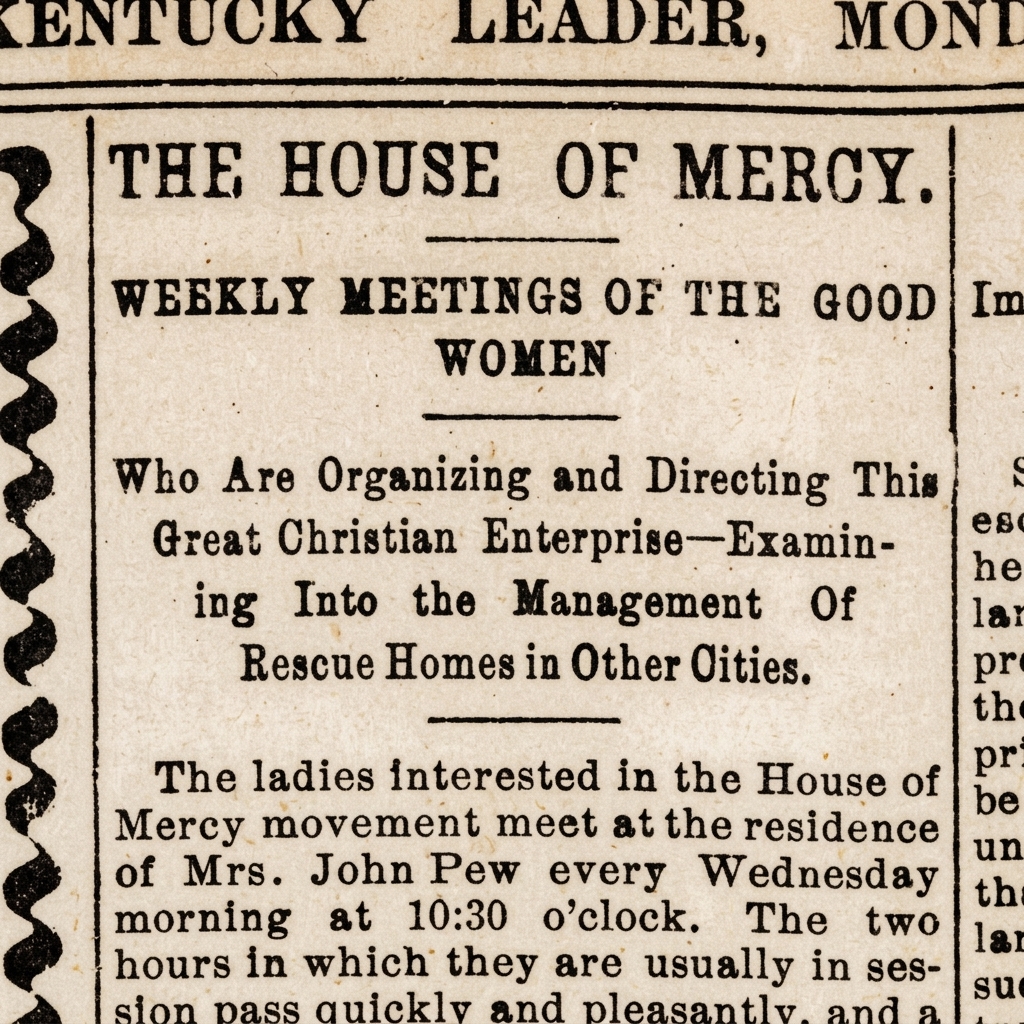 Newspaper headline reading “The House of Mercy: Weekly meetings of the good women who are organizing and directing this great Christian enterprise, examining into the management of rescue homes in other cities”
