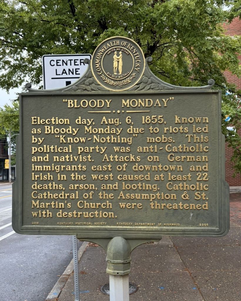 Front panel of Kentucky Historical Society Marker No. 2205, “Bloody Monday,” on West Main Street in Louisville