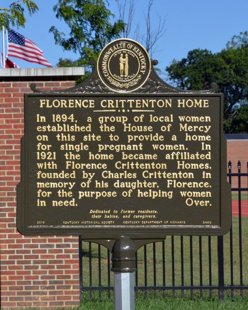 Front panel of Kentucky Historical Society Marker No. 2460, Florence Crittenton Home, beside a brick gatepost and iron fence on West Fourth Street in Lexington