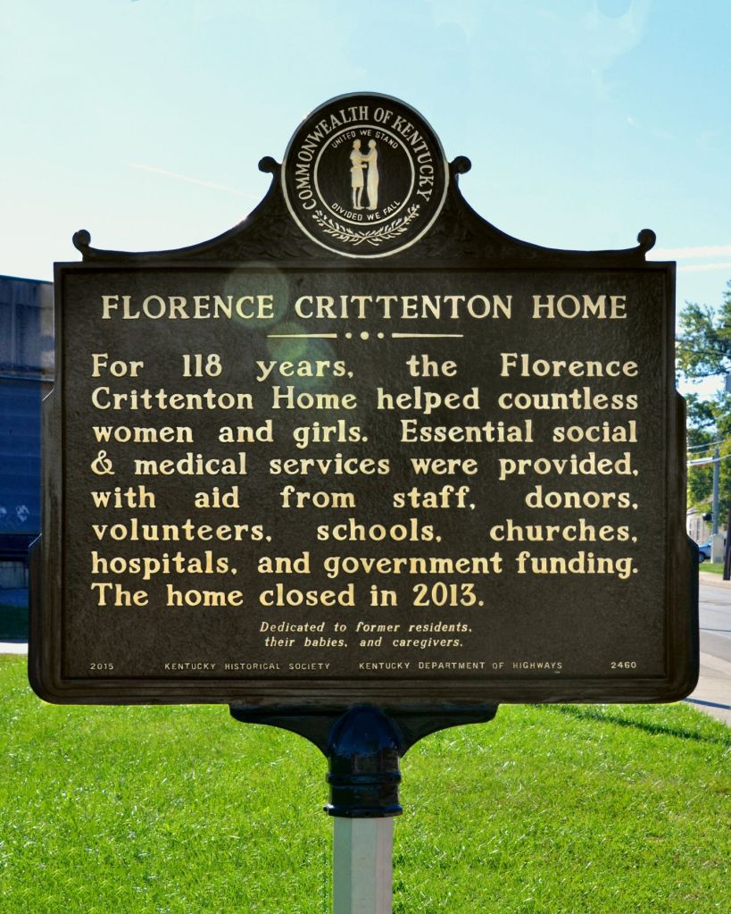 Reverse panel of Kentucky Historical Society Marker No. 2460, Florence Crittenton Home, on a lawn along West Fourth Street
