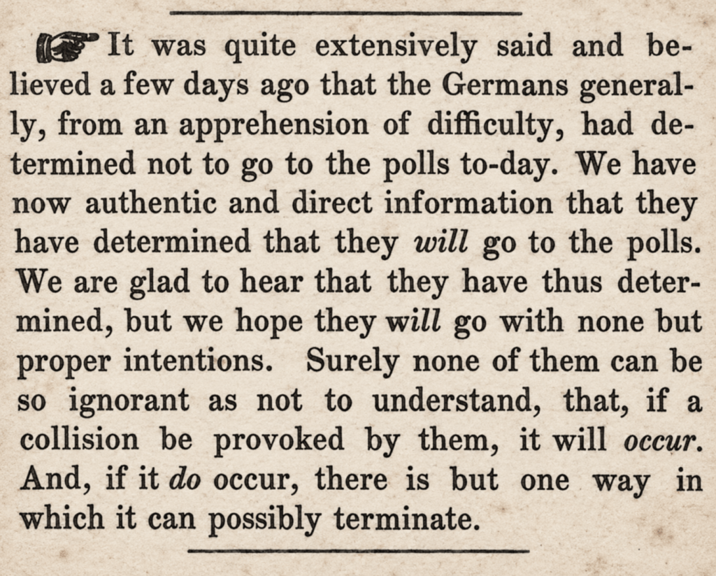 Item from the Louisville Daily Journal of August 6, 1855, warning that if German voters provoked a collision at the polls there was but one way it could terminate