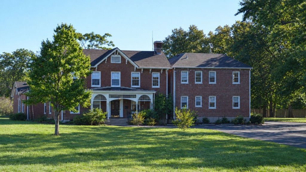 Two-story red brick house with white-trimmed windows and a small columned front porch, with a later brick wing to one side, set back behind a wide lawn