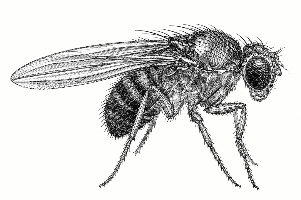 Detailed black-and-white engraving of a fruit fly in side view, showing its large compound eye, bristled body, striped abdomen and long wing.