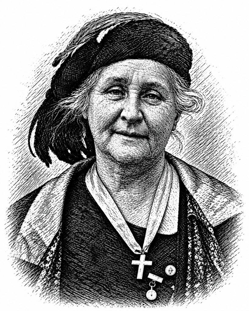 Engraving-style portrait of Kate Waller Barrett, an older woman in a feathered hat, with a cross and medals at her collar