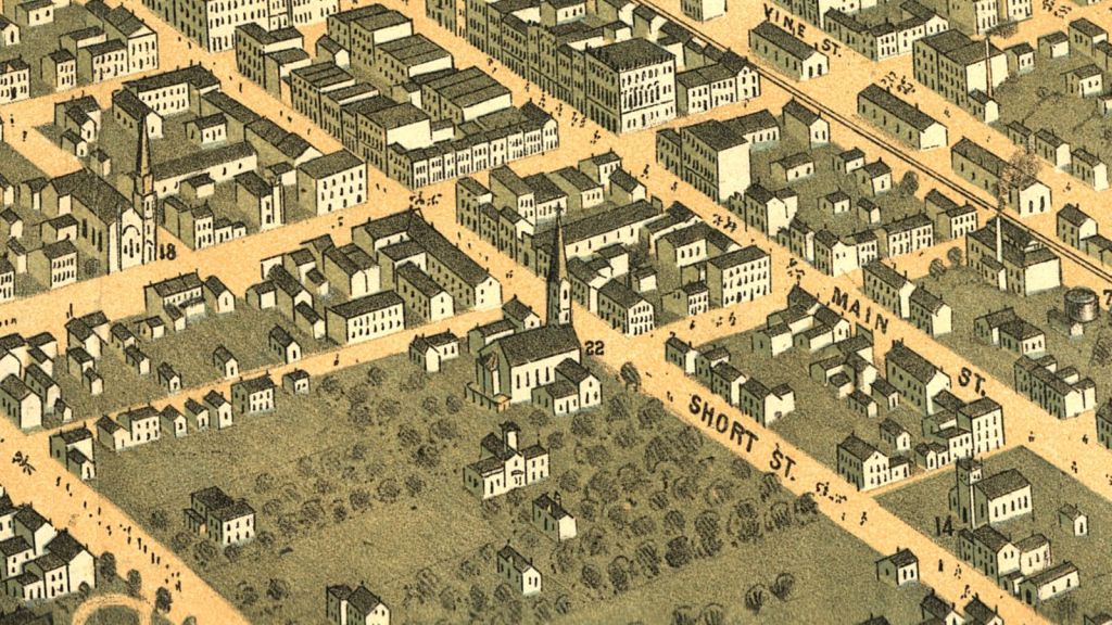 Detail from an 1871 bird’s-eye view map of downtown Lexington, Kentucky
