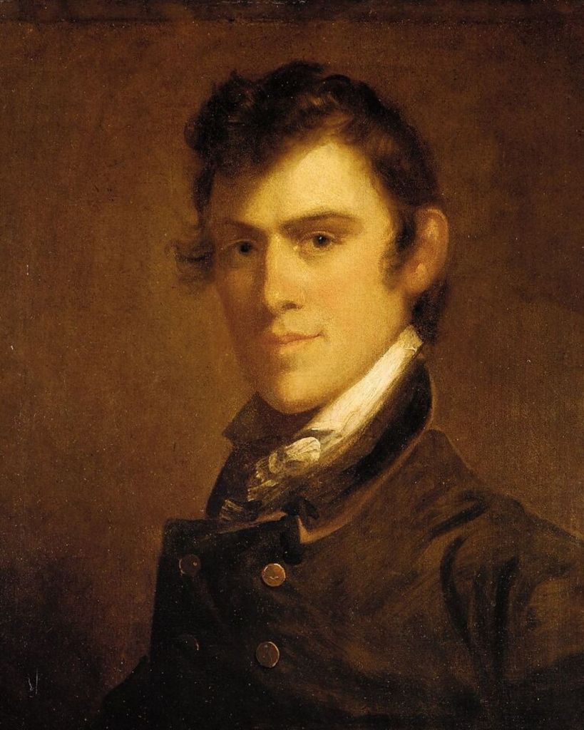Oil portrait of John Grimes as a young man, with dark curly hair, a white cravat, and a dark high-collared coat